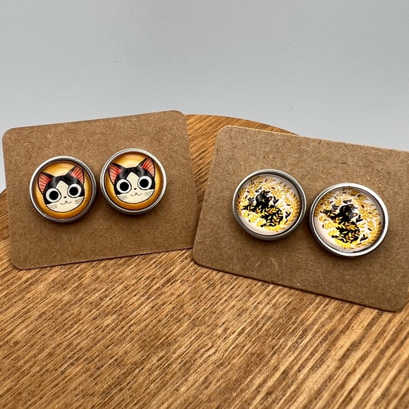 Classic Cat Stud Earring Set - Trendy Cute Cat Round Stud Earrings - Picture 8 of 10